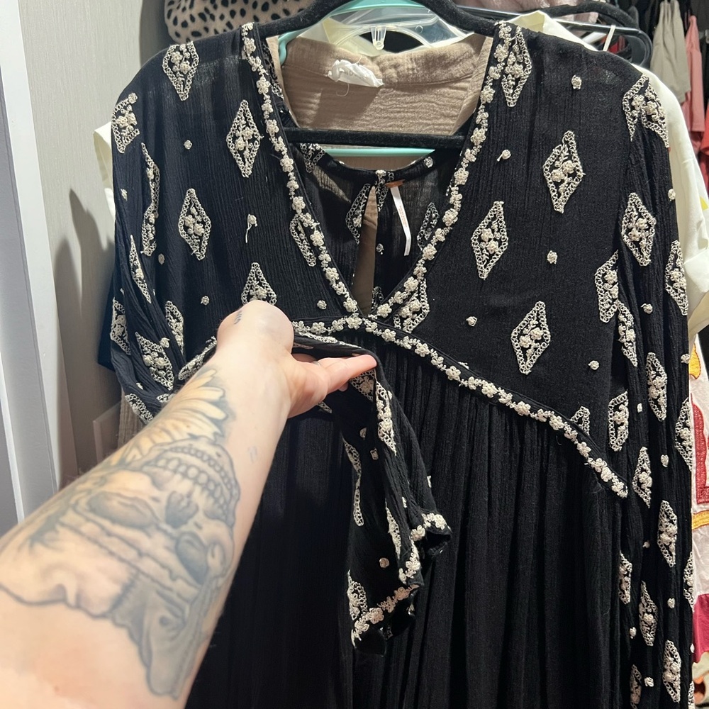 Free People Black and White Embroidered Blouse